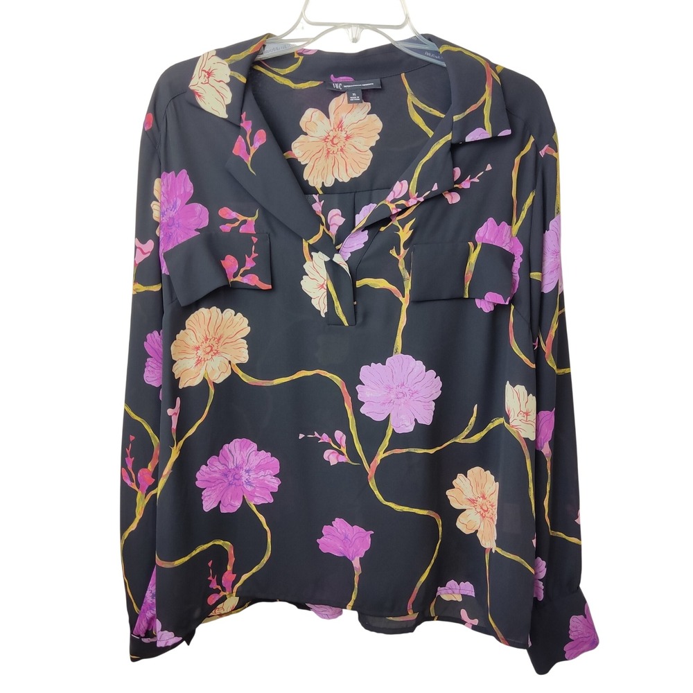 INC Blouse Womens XL Black Mariana Garden‎ Cottage Core Floral Long Sleeve Shirt